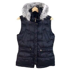 Isaac Mizrahi Live Women Puffer Vest Black XS Faux-Fur Trim Cinch Waist Hood QVC